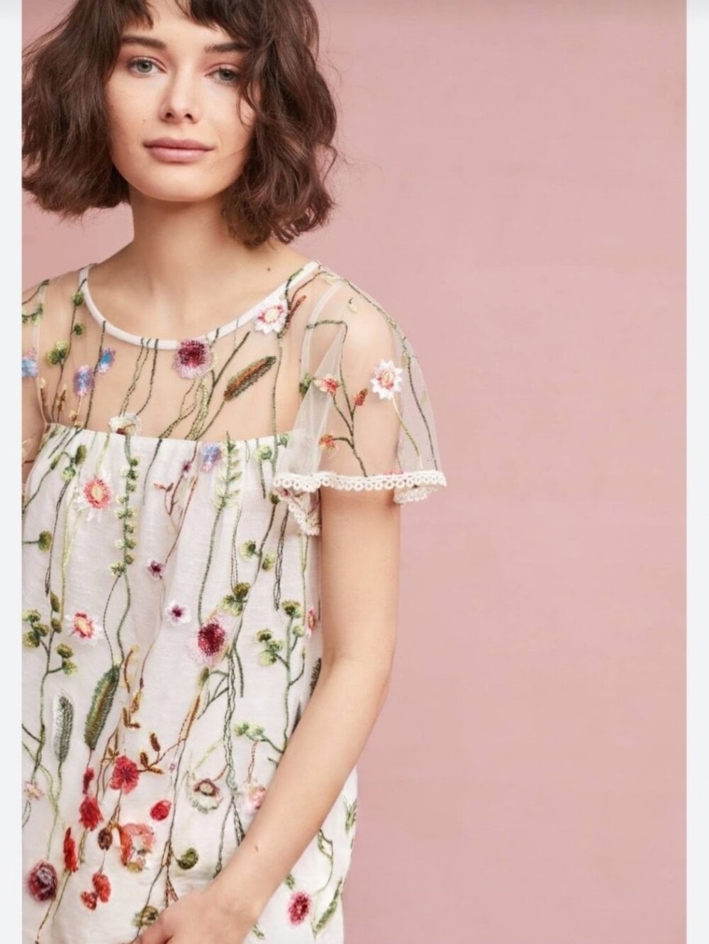 ANTHROPOLOGIE Eri+Ali Winifred Mesh Overlay Emboidered  Peasant Top Like New XS